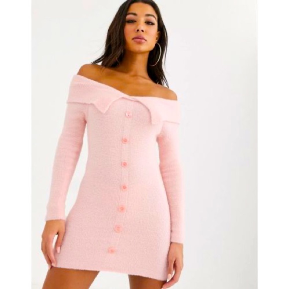 ASOS design fluffy knit pink bardot mini dress